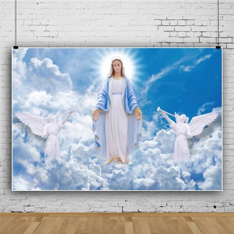 DASHAN 6x4ft Polyester God Bless Virgin Mary and Angel Backdrop Heaven First Communion Baptism Easter Christian Backdrop for Church Photography Background Jesus Religious Prayer YouTube Photo Props - Image 2